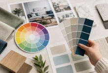 Color theory for interior design with a color wheel, paint swatches, fabric samples, wood finishes, and interior design mood board