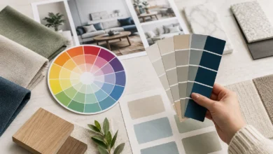 Color theory for interior design with a color wheel, paint swatches, fabric samples, wood finishes, and interior design mood board