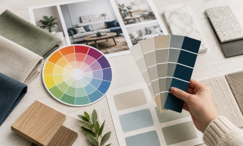Color theory for interior design with a color wheel, paint swatches, fabric samples, wood finishes, and interior design mood board