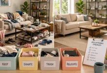 Decluttering before cleaning with a tidy home transformation, organized sorting bins, and a clean living room demonstrating an effective decluttering process for beginners.