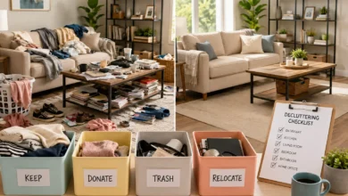 Decluttering before cleaning with a tidy home transformation, organized sorting bins, and a clean living room demonstrating an effective decluttering process for beginners.
