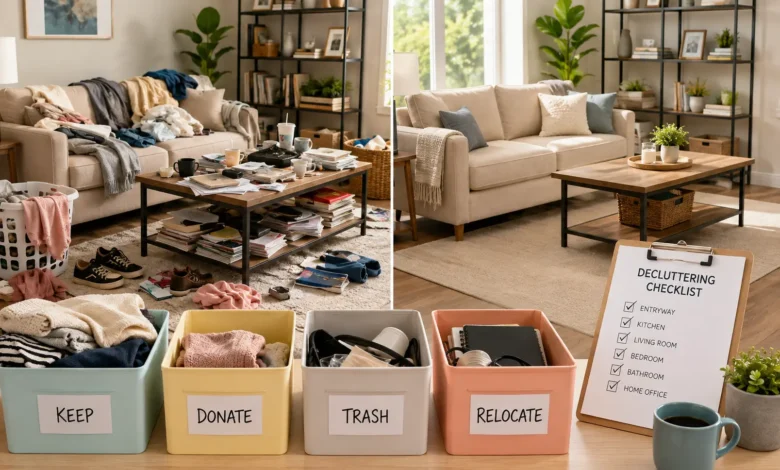 Decluttering before cleaning with a tidy home transformation, organized sorting bins, and a clean living room demonstrating an effective decluttering process for beginners.