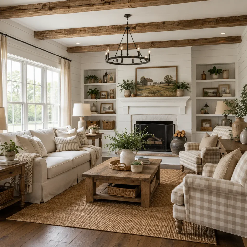 Farmhouse interior design featuring a cozy living room with exposed wood beams, shiplap walls, rustic furniture, and a fireplace