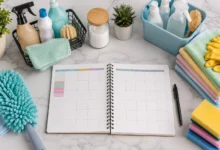 Cleaning Schedule planner with organized household cleaning supplies, microfiber cloths, spray bottles, sponges, and gloves arranged neatly for an effective weekly and monthly home cleaning routine.