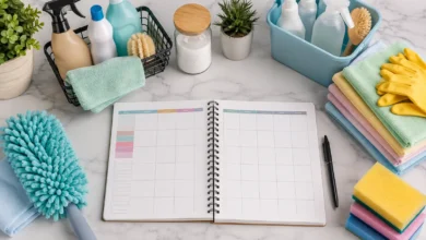 Cleaning Schedule planner with organized household cleaning supplies, microfiber cloths, spray bottles, sponges, and gloves arranged neatly for an effective weekly and monthly home cleaning routine.