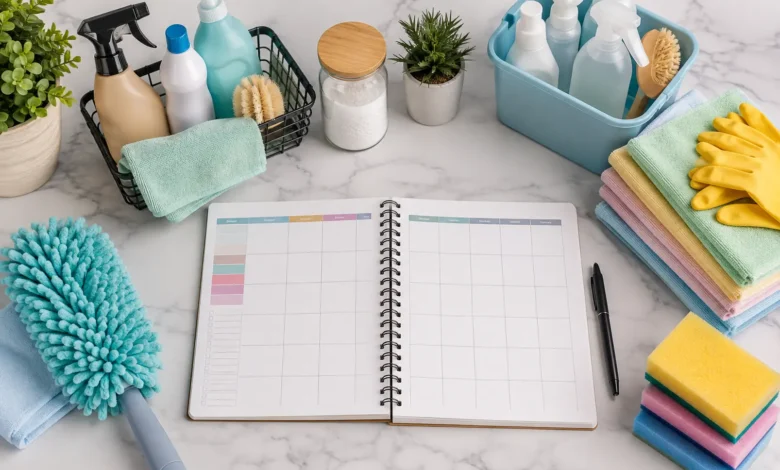 Cleaning Schedule planner with organized household cleaning supplies, microfiber cloths, spray bottles, sponges, and gloves arranged neatly for an effective weekly and monthly home cleaning routine.