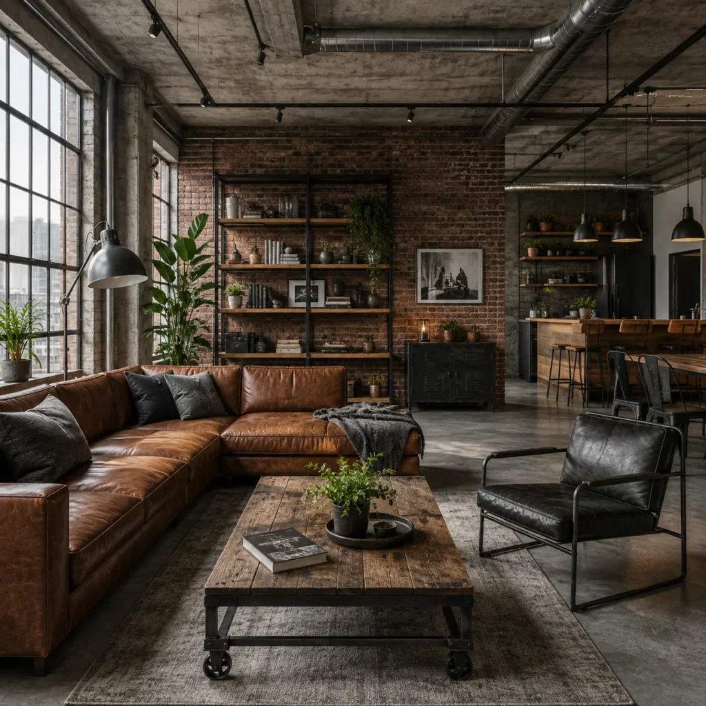 Industrial interior design featuring a loft living room with exposed brick walls, concrete surfaces, leather furniture, and metal accents