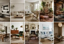 Interior design styles featuring modern, minimalist, Scandinavian, boho, industrial, farmhouse, coastal, and Japandi interiors
