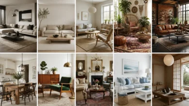 Interior design styles featuring modern, minimalist, Scandinavian, boho, industrial, farmhouse, coastal, and Japandi interiors