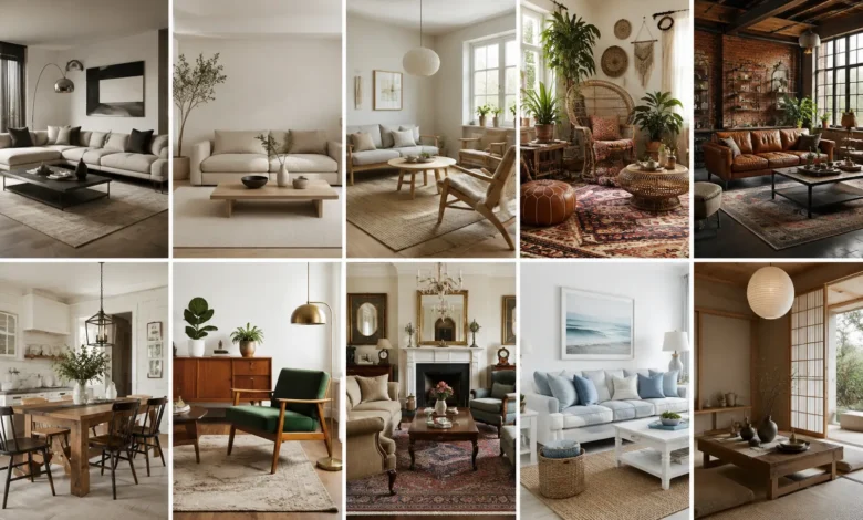 Interior design styles featuring modern, minimalist, Scandinavian, boho, industrial, farmhouse, coastal, and Japandi interiors