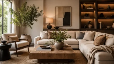 Warm, modern living room with neutral furniture, natural wood accents, layered lighting, indoor plants, and a cozy minimalist Interior Design.