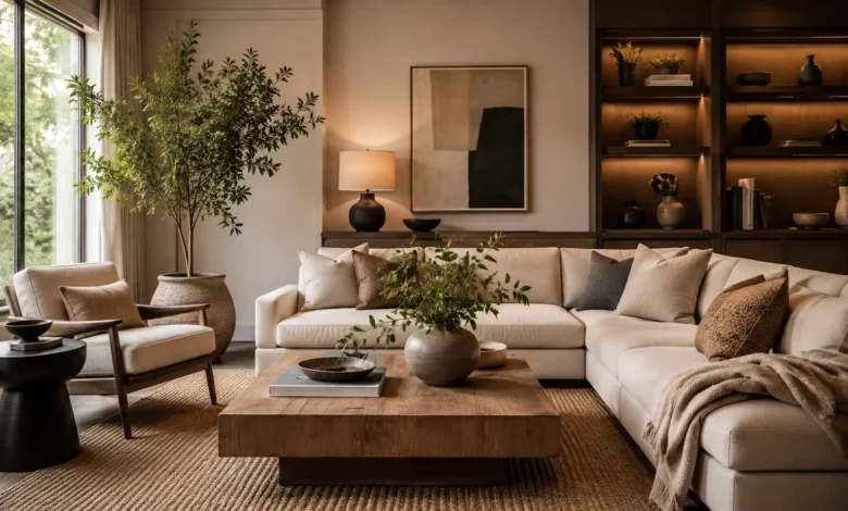 Warm, modern living room with neutral furniture, natural wood accents, layered lighting, indoor plants, and a cozy minimalist Interior Design.