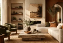 Warm 2026 interior design trends living room with earthy tones, natural wood, textured fabrics, curved furniture, and statement decor.
