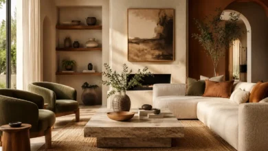 Warm 2026 interior design trends living room with earthy tones, natural wood, textured fabrics, curved furniture, and statement decor.