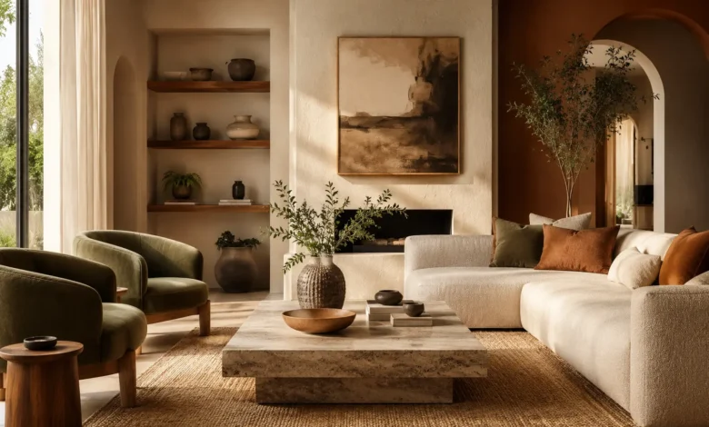 Warm 2026 interior design trends living room with earthy tones, natural wood, textured fabrics, curved furniture, and statement decor.