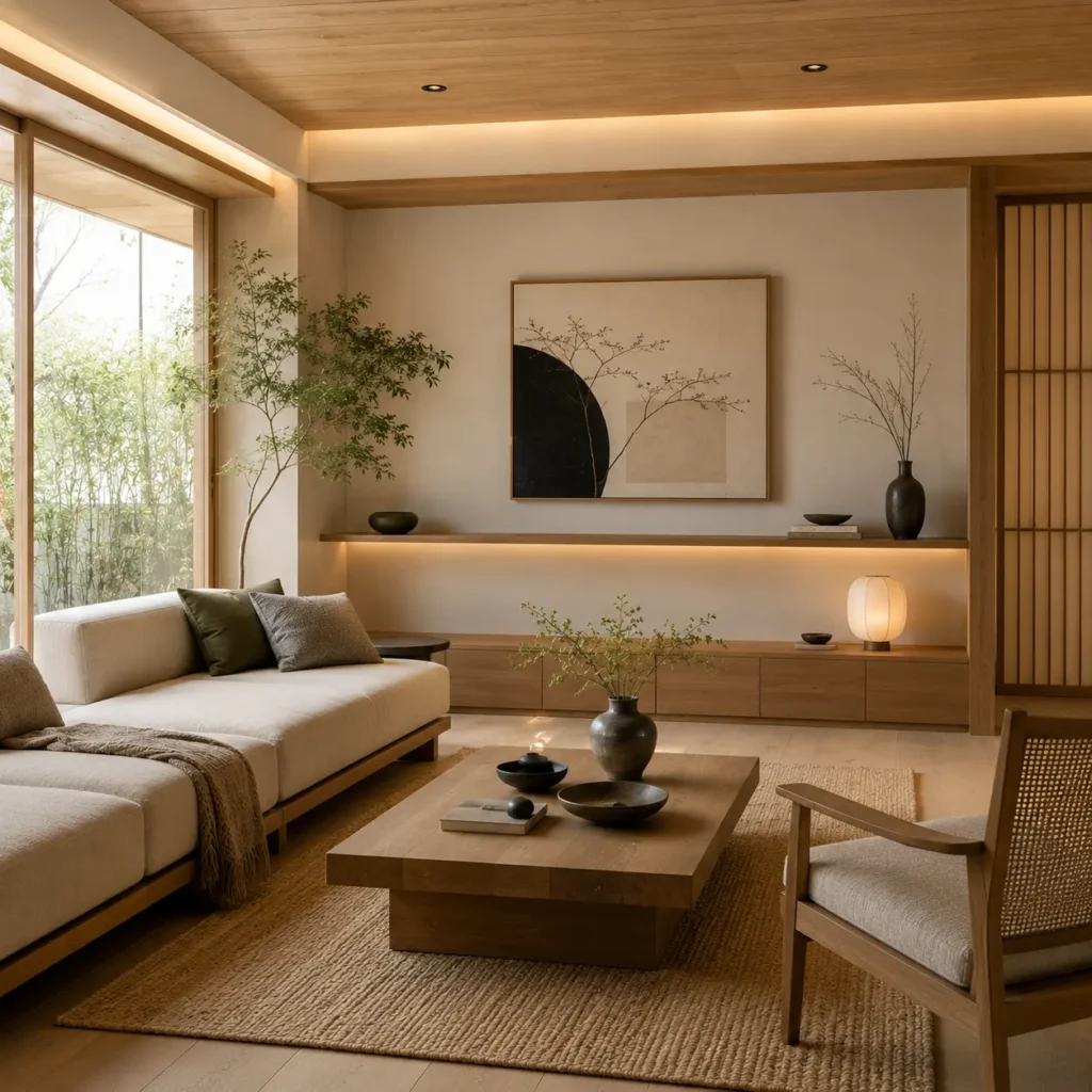 Japandi interior design featuring a calm living room with warm wood, neutral colors, minimalist furniture, and natural textures