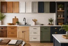Modern kitchen cabinet in wood, white, sage green, navy, and black finishes