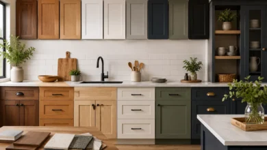 Modern kitchen cabinet in wood, white, sage green, navy, and black finishes