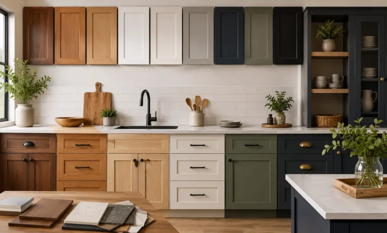 Modern kitchen cabinet in wood, white, sage green, navy, and black finishes