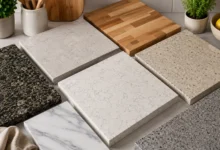 Kitchen countertop materials including granite, quartz, marble, and butcher block