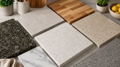Kitchen countertop materials including granite, quartz, marble, and butcher block
