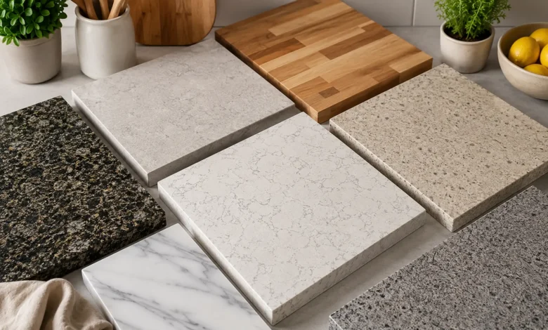 Kitchen countertop materials including granite, quartz, marble, and butcher block
