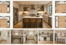 Modern kitchen layout showing an island, different kitchen floor plans, and work triangle examples connecting the sink, stove, and refrigerator.