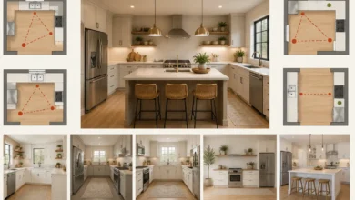 Modern kitchen layout showing an island, different kitchen floor plans, and work triangle examples connecting the sink, stove, and refrigerator.