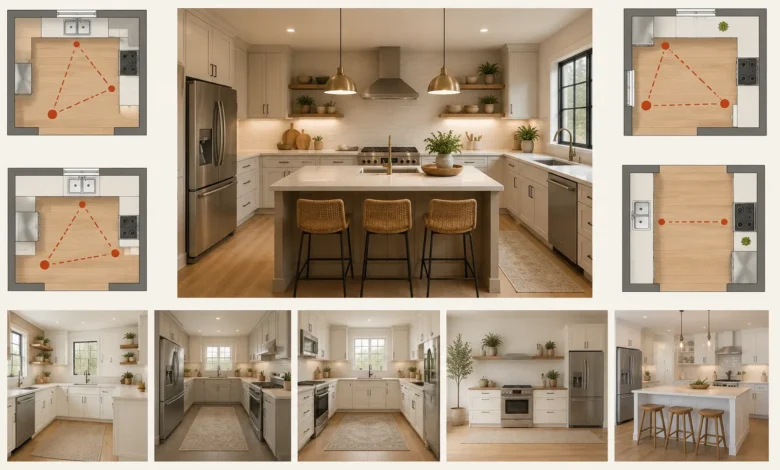Modern kitchen layout showing an island, different kitchen floor plans, and work triangle examples connecting the sink, stove, and refrigerator.