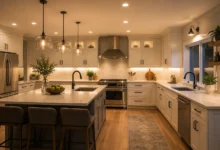 Modern kitchen featuring kitchen lighting with pendant fixtures, recessed ceiling lights, and under-cabinet illumination for a warm, functional atmosphere.