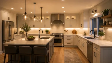 Modern kitchen featuring kitchen lighting with pendant fixtures, recessed ceiling lights, and under-cabinet illumination for a warm, functional atmosphere.
