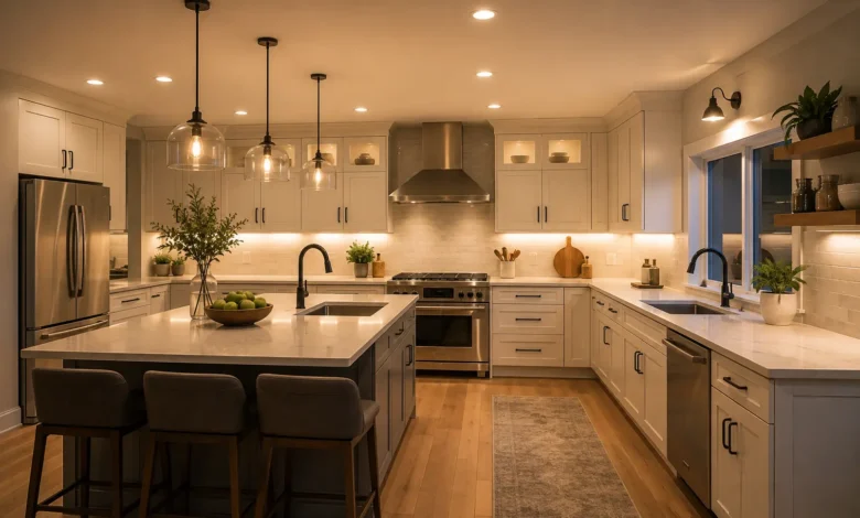 Modern kitchen featuring kitchen lighting with pendant fixtures, recessed ceiling lights, and under-cabinet illumination for a warm, functional atmosphere.