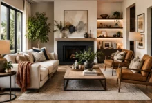 Modern cozy living room interior design with neutral furniture, fireplace, wooden flooring, layered lighting, indoor plants, and stylish seating arrangement.