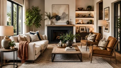 Modern cozy living room interior design with neutral furniture, fireplace, wooden flooring, layered lighting, indoor plants, and stylish seating arrangement.