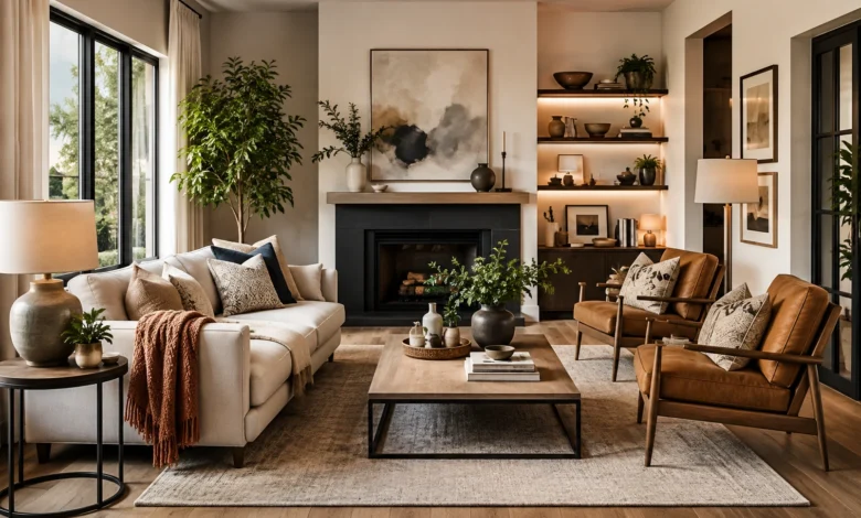 Modern cozy living room interior design with neutral furniture, fireplace, wooden flooring, layered lighting, indoor plants, and stylish seating arrangement.