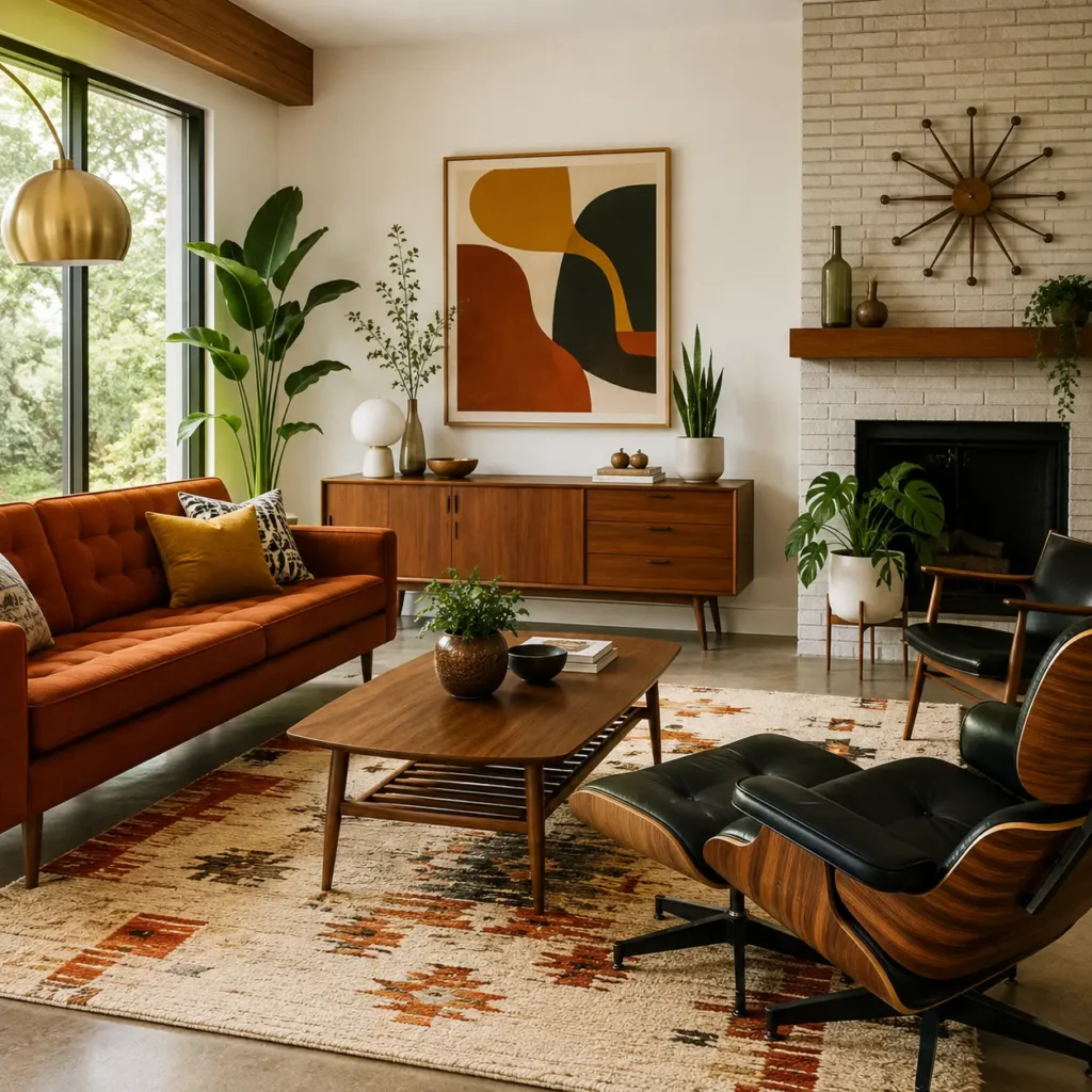 Mid-century modern interior design featuring a stylish living room with warm wood furniture, retro decor, a leather lounge chair, and a fireplace