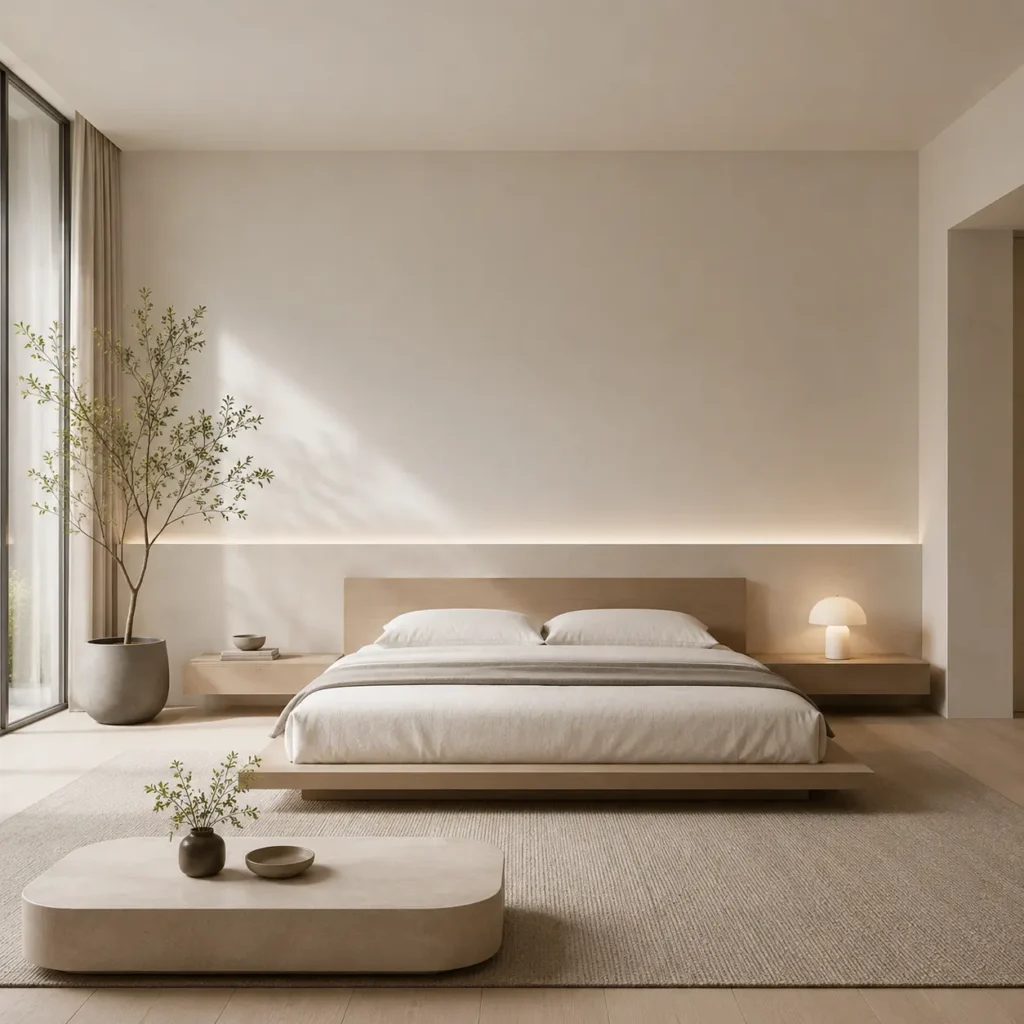 Minimalist interior design featuring a serene bedroom with neutral tones, simple furniture, and clean lines