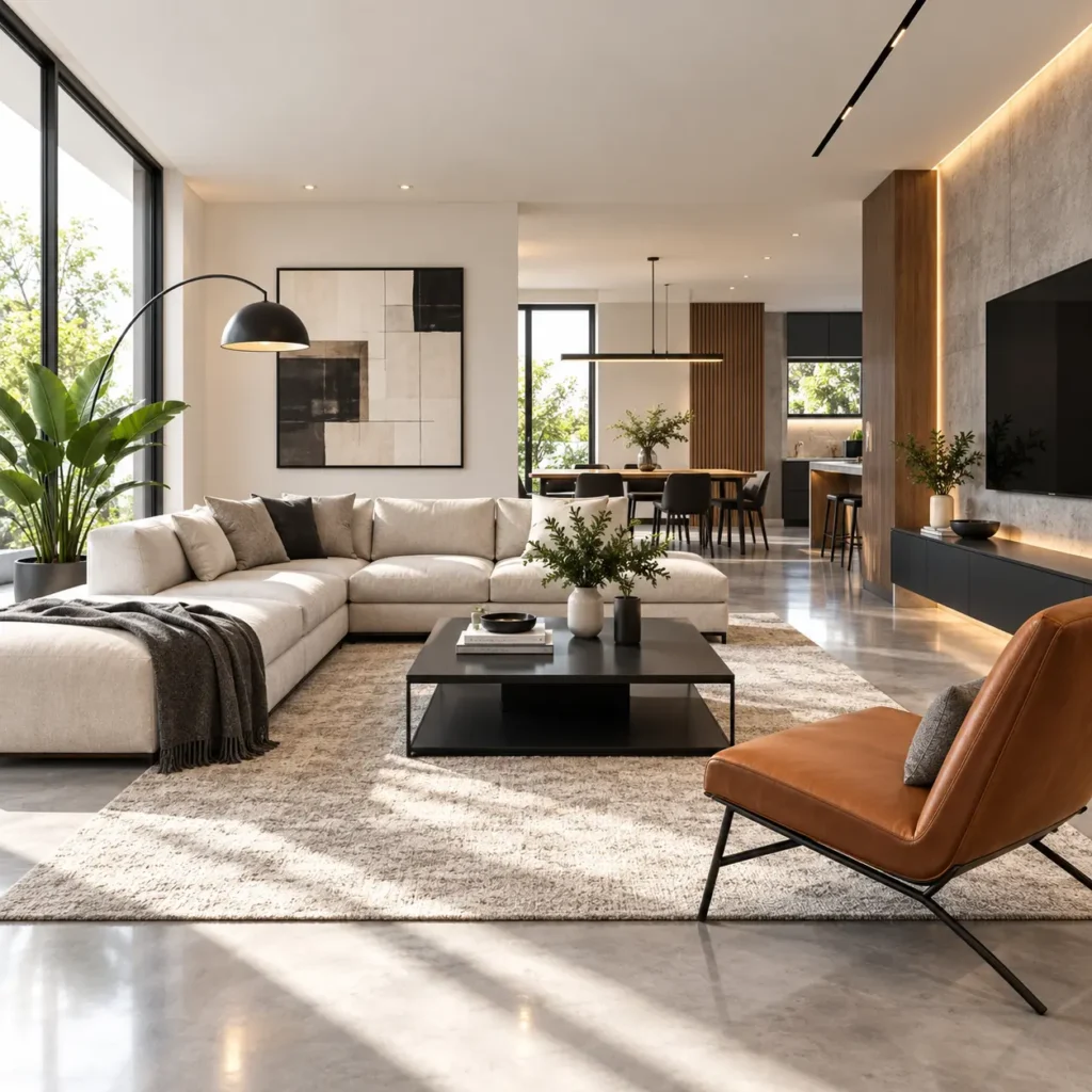 Modern interior design featuring a stylish open-plan living room with neutral colors, contemporary furniture, and natural light