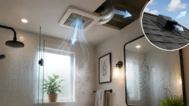 Modern bathroom with an exhaust fan removing humid air through ductwork to an outdoor roof vent, with a steamy glass shower and fogged mirror.
