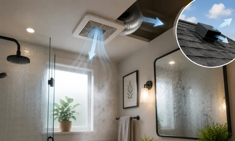 Modern bathroom with an exhaust fan removing humid air through ductwork to an outdoor roof vent, with a steamy glass shower and fogged mirror.