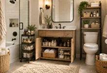 Stylish bathroom storage with an organized wooden vanity, open shelves, baskets, towels, shower storage, and neatly arranged toiletries