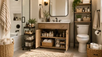 Stylish bathroom storage with an organized wooden vanity, open shelves, baskets, towels, shower storage, and neatly arranged toiletries
