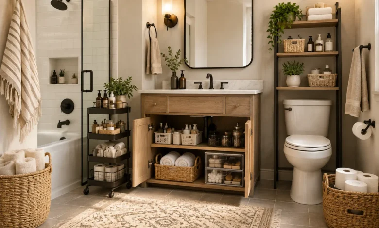 Stylish bathroom storage with an organized wooden vanity, open shelves, baskets, towels, shower storage, and neatly arranged toiletries