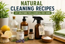 Natural Cleaning Recipes: DIY Solutions for a Chemical-Free Home infographic featuring homemade cleaning ingredients including white vinegar, baking soda, castile soap, tea tree essential oil, lemon, reusable spray bottles, microfiber cloths, and natural brushes arranged on a wooden table with green plants in the background.