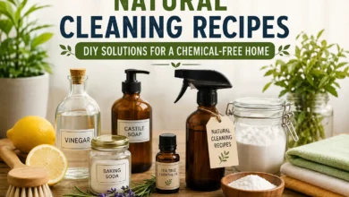 Natural Cleaning Recipes: DIY Solutions for a Chemical-Free Home infographic featuring homemade cleaning ingredients including white vinegar, baking soda, castile soap, tea tree essential oil, lemon, reusable spray bottles, microfiber cloths, and natural brushes arranged on a wooden table with green plants in the background.