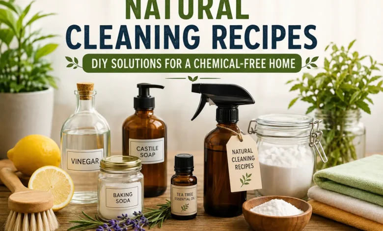 Natural Cleaning Recipes: DIY Solutions for a Chemical-Free Home infographic featuring homemade cleaning ingredients including white vinegar, baking soda, castile soap, tea tree essential oil, lemon, reusable spray bottles, microfiber cloths, and natural brushes arranged on a wooden table with green plants in the background.