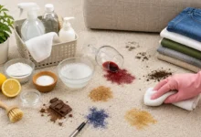 Person cleaning multiple household stains from a light-colored carpet using a white cloth, with common spills like red wine, coffee, mud, ink, chocolate, and cleaning supplies including baking soda, spray bottles, and a scrub brush arranged nearby.