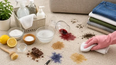 Person cleaning multiple household stains from a light-colored carpet using a white cloth, with common spills like red wine, coffee, mud, ink, chocolate, and cleaning supplies including baking soda, spray bottles, and a scrub brush arranged nearby.