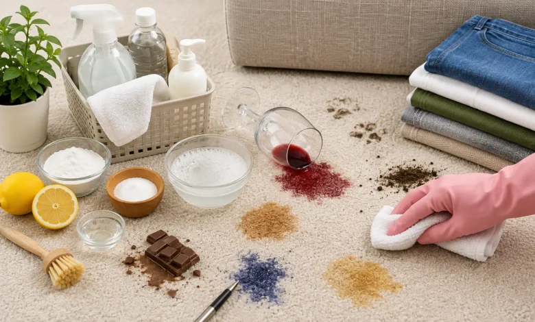 Person cleaning multiple household stains from a light-colored carpet using a white cloth, with common spills like red wine, coffee, mud, ink, chocolate, and cleaning supplies including baking soda, spray bottles, and a scrub brush arranged nearby.
