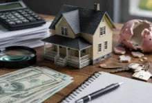 Real estate investment mistakes concept featuring a miniature house, calculator, property documents, magnifying glass, house keys, cash, and a broken piggy bank symbolizing costly property mistakes.